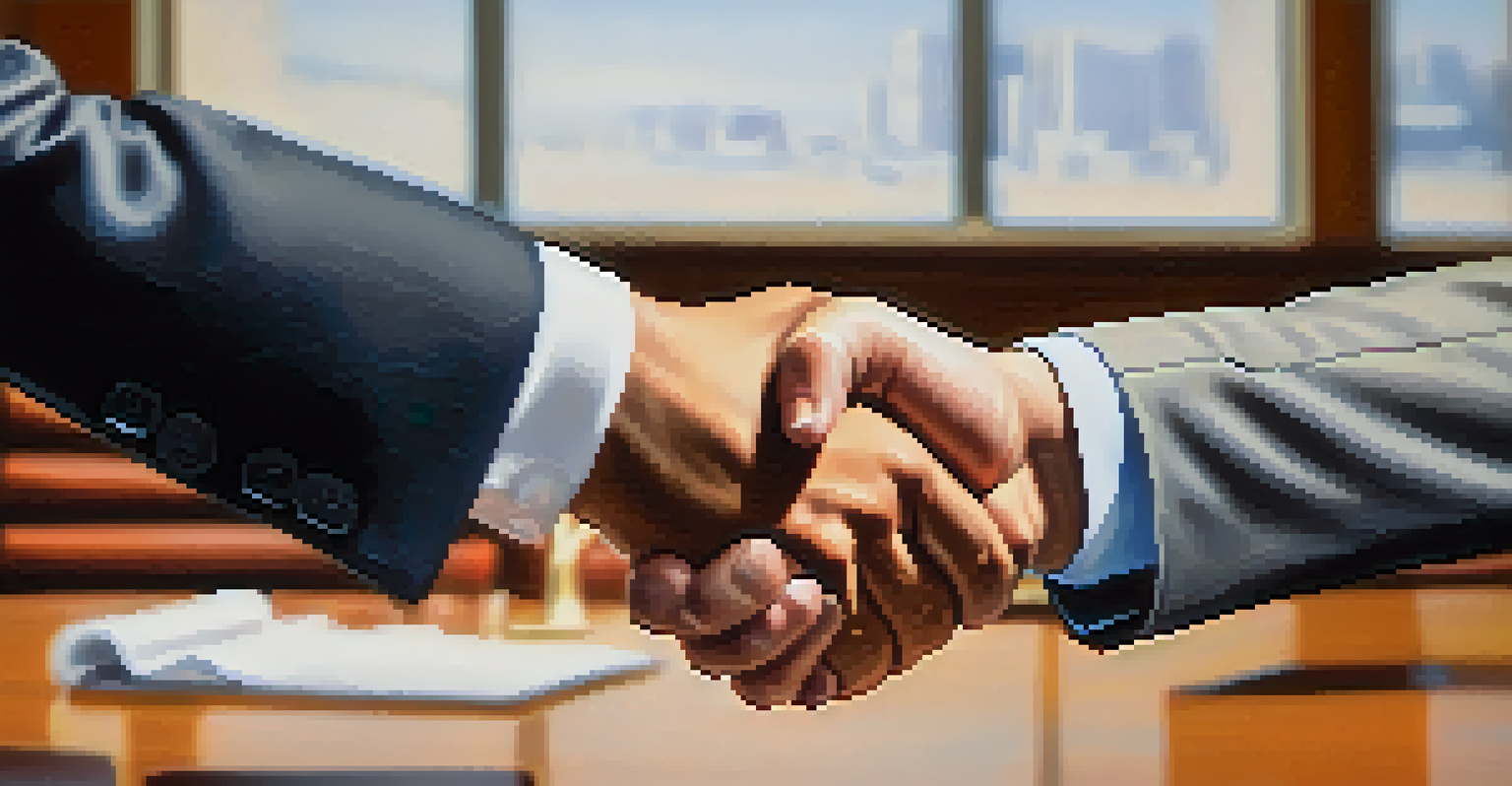 Two hands shaking in a conference room, representing a successful negotiation.
