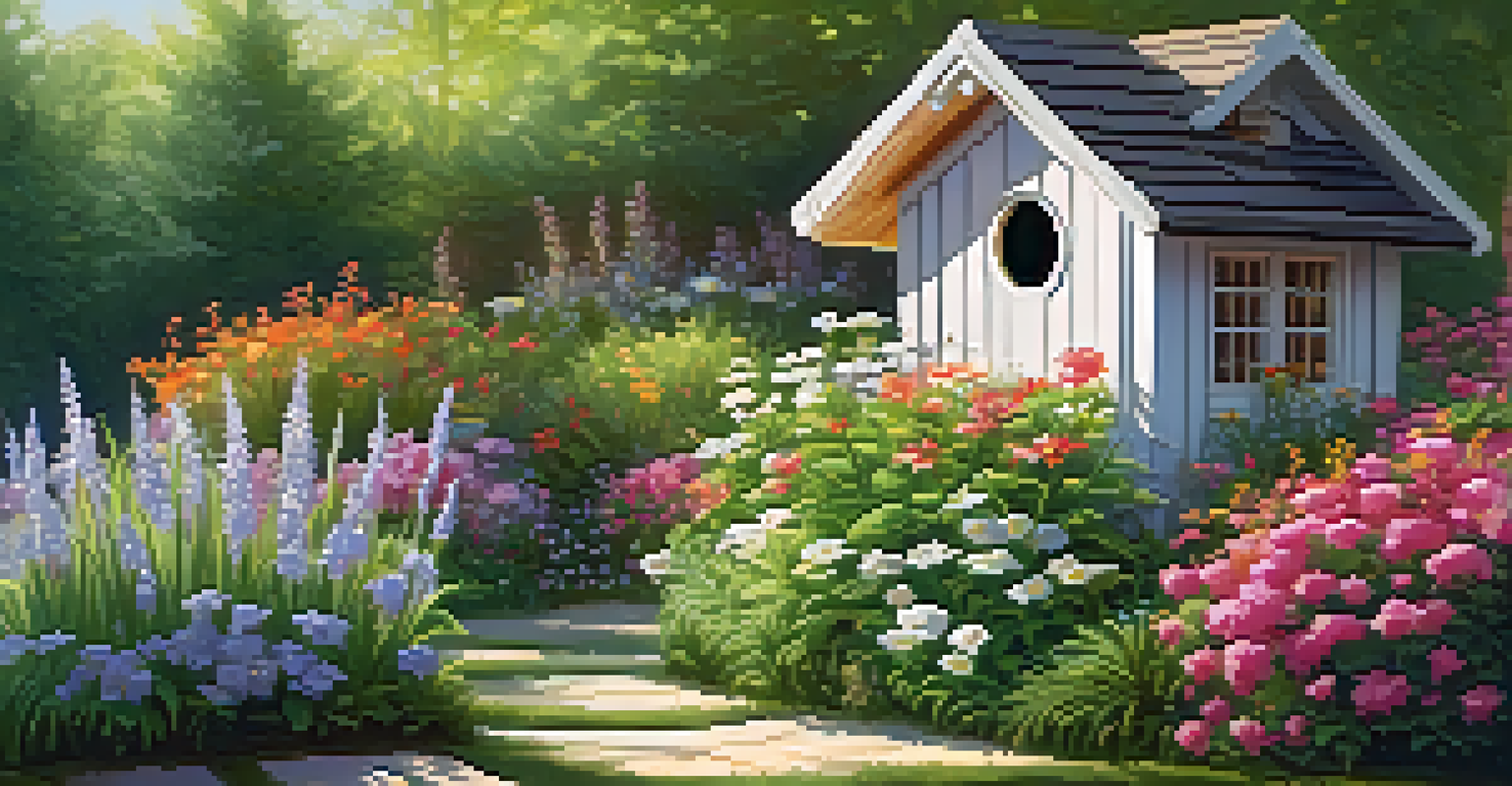 A natural birdhouse in a colorful garden with birds gathering nesting materials, illuminated by warm afternoon light.