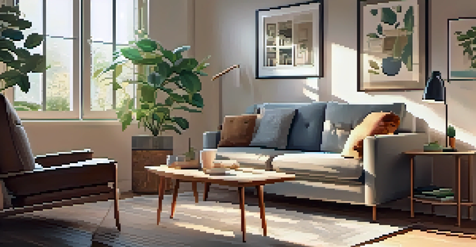 A modern living room with a sofa, coffee table with financial documents, and a houseplant, illuminated by soft sunlight coming through a window.