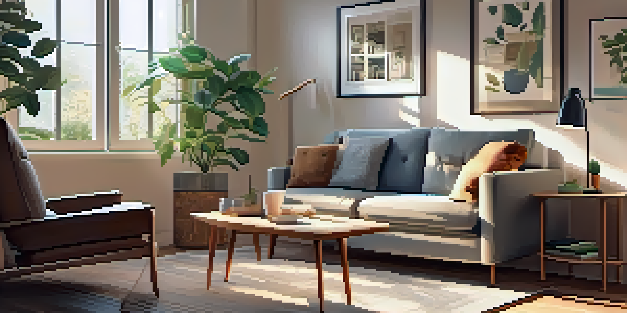 A modern living room with a sofa, coffee table with financial documents, and a houseplant, illuminated by soft sunlight coming through a window.