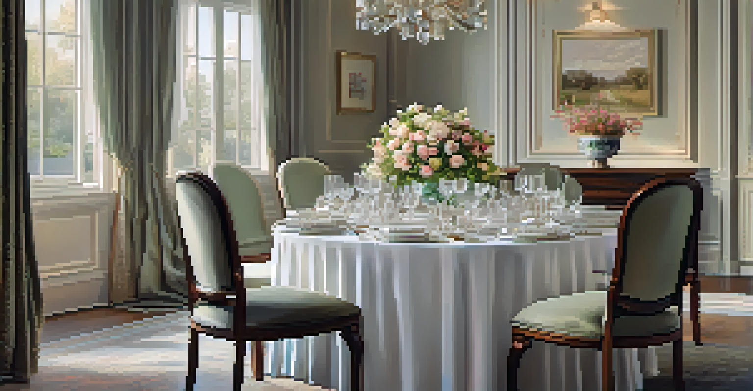 An elegant dining room with a beautifully set table featuring fine china, crystal glassware, and a fresh flower centerpiece, illuminated by soft ambient lighting.