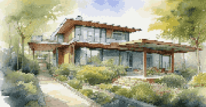 A modern, eco-friendly house with solar panels and a garden, surrounded by trees and sunlight.