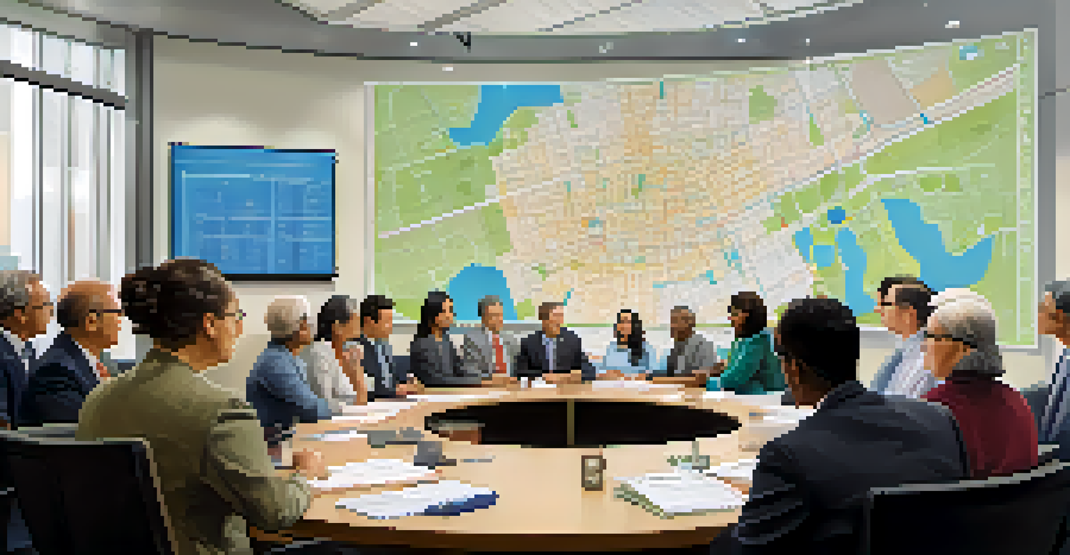 A city council meeting with community members discussing zoning laws around a table with charts in the background.