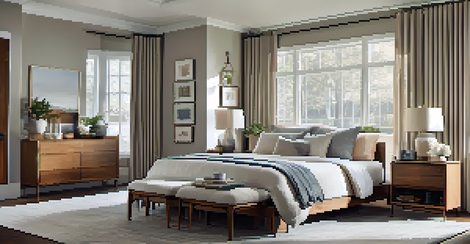 A stylish bedroom with smart window treatments and a smart home hub on the bedside table.