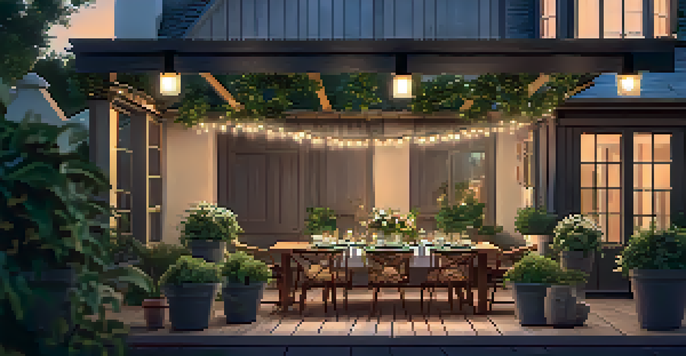 A cozy outdoor patio illuminated with warm string lights, featuring a dining table set for a dinner party among lush plants at dusk.