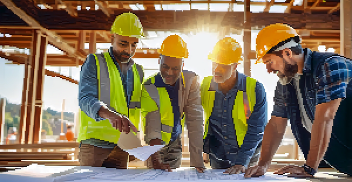 A diverse group of contractors and clients discussing blueprints at a construction site, with sunlight illuminating their focused expressions.