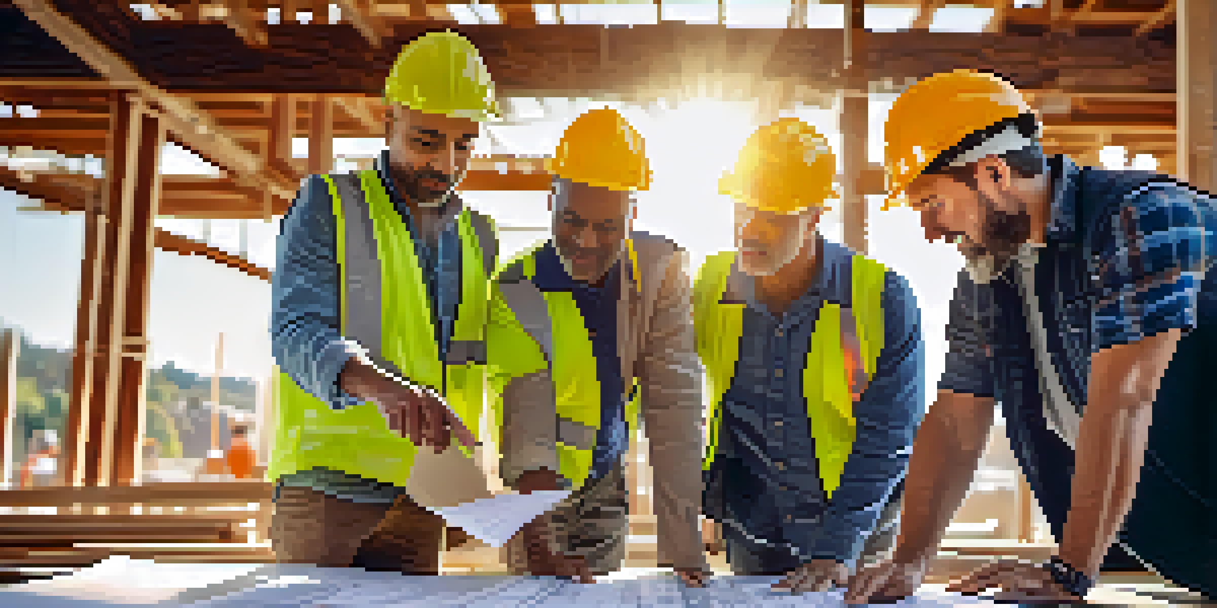 A diverse group of contractors and clients discussing blueprints at a construction site, with sunlight illuminating their focused expressions.