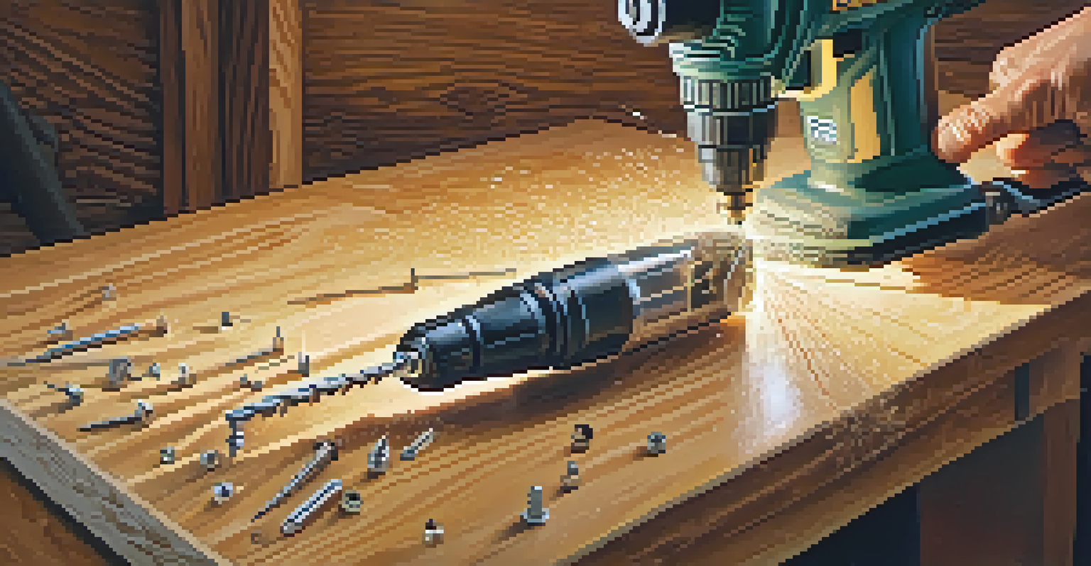 A craftsman using a cordless drill on a wooden surface with sawdust in the air.