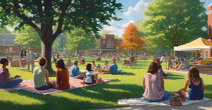 A lively outdoor community space with families picnicking and a stage hosting a performance, surrounded by flowers and trees.