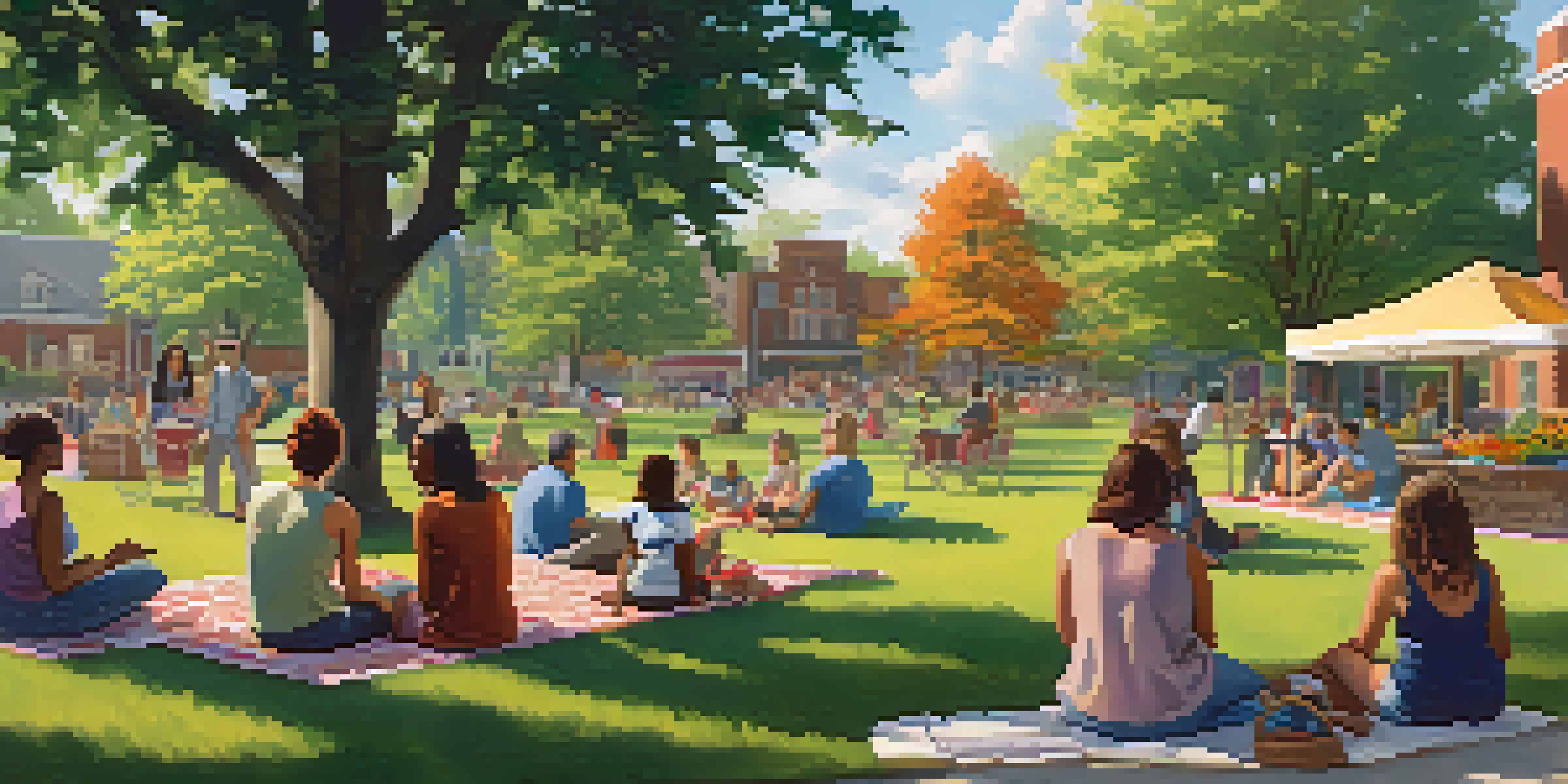 A lively outdoor community space with families picnicking and a stage hosting a performance, surrounded by flowers and trees.