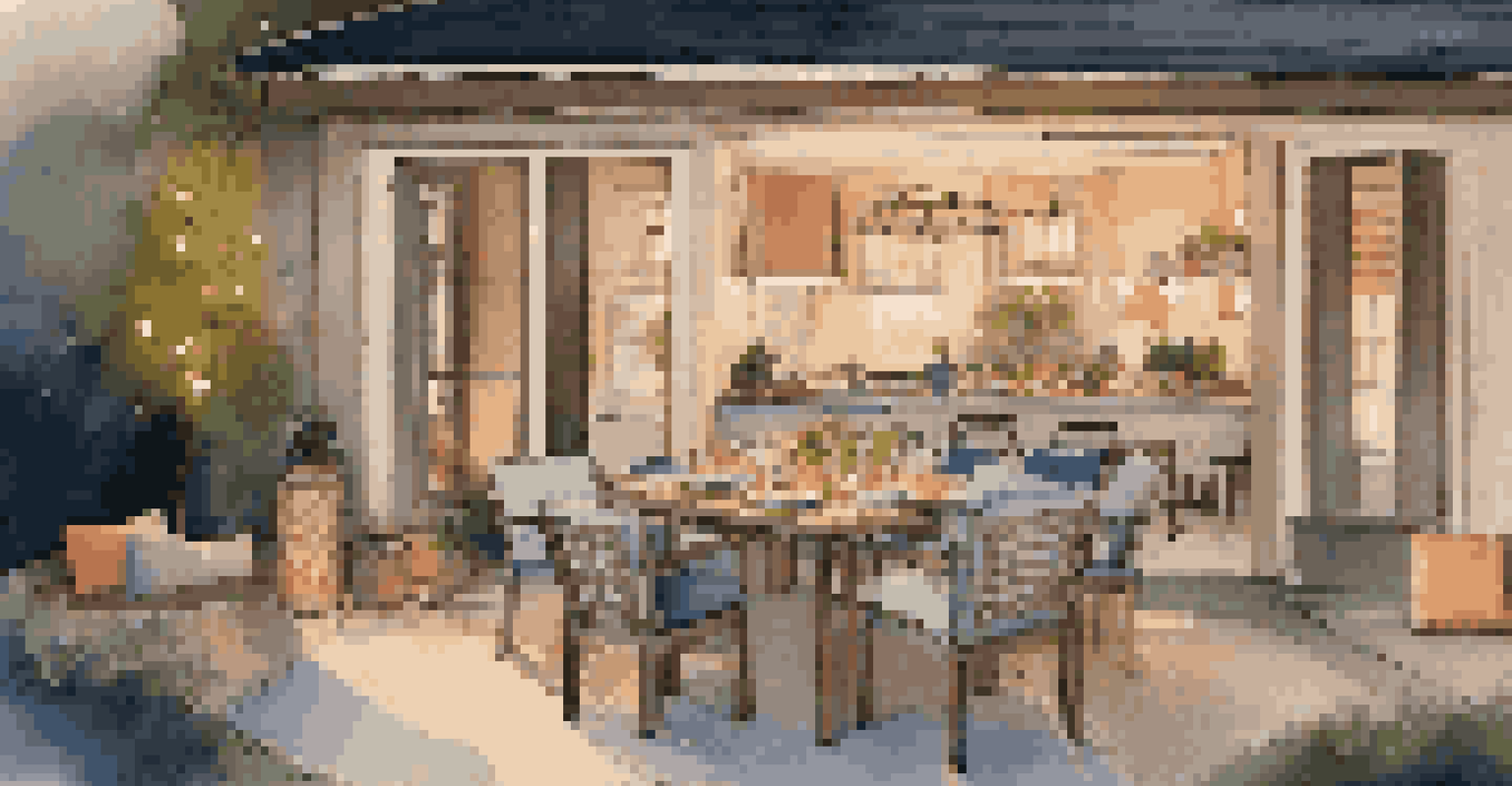An adaptable outdoor space with a foldable dining table surrounded by stackable chairs, and a relaxation area with cushions and string lights, set for evening use.