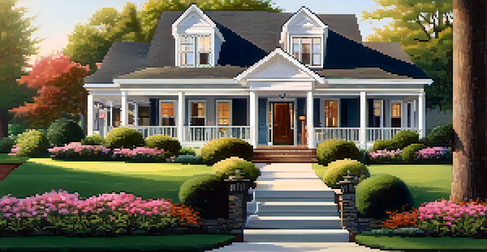 A beautifully maintained house with vibrant flowers and a welcoming porch, illuminated by warm sunlight during golden hour.