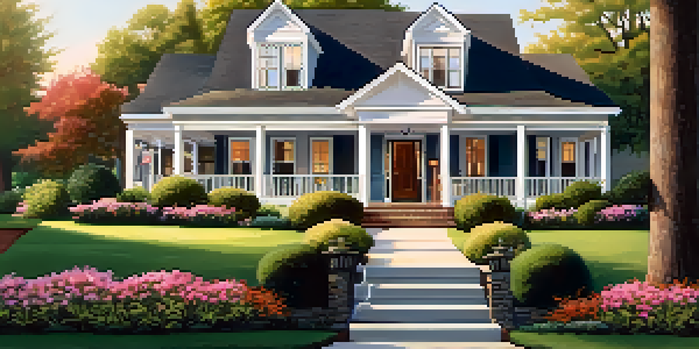 A beautifully maintained house with vibrant flowers and a welcoming porch, illuminated by warm sunlight during golden hour.