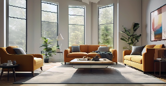 A cozy modern living room featuring smart home security devices like a smart lock, security camera, and smart doorbell, illuminated with soft lighting.