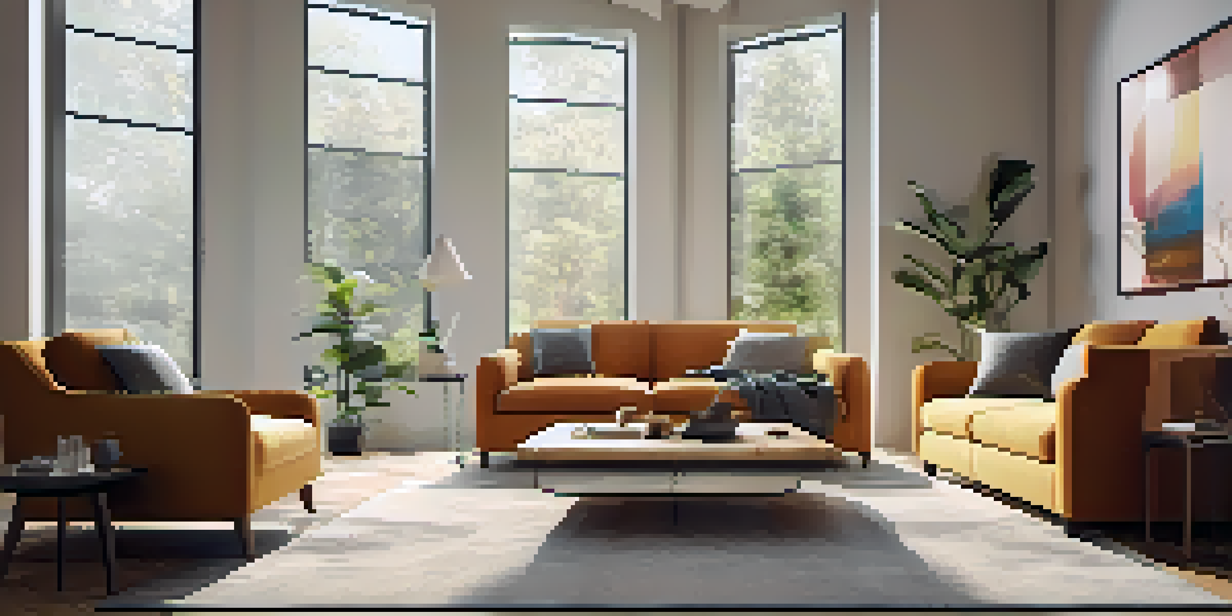 A cozy modern living room featuring smart home security devices like a smart lock, security camera, and smart doorbell, illuminated with soft lighting.