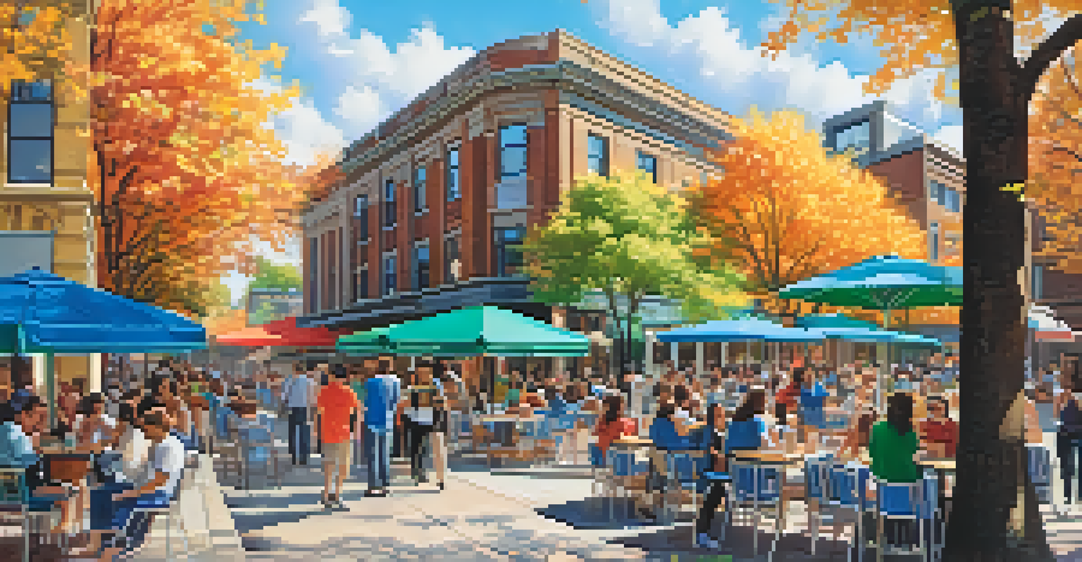 A vibrant university town street with cafes and students enjoying the outdoors.