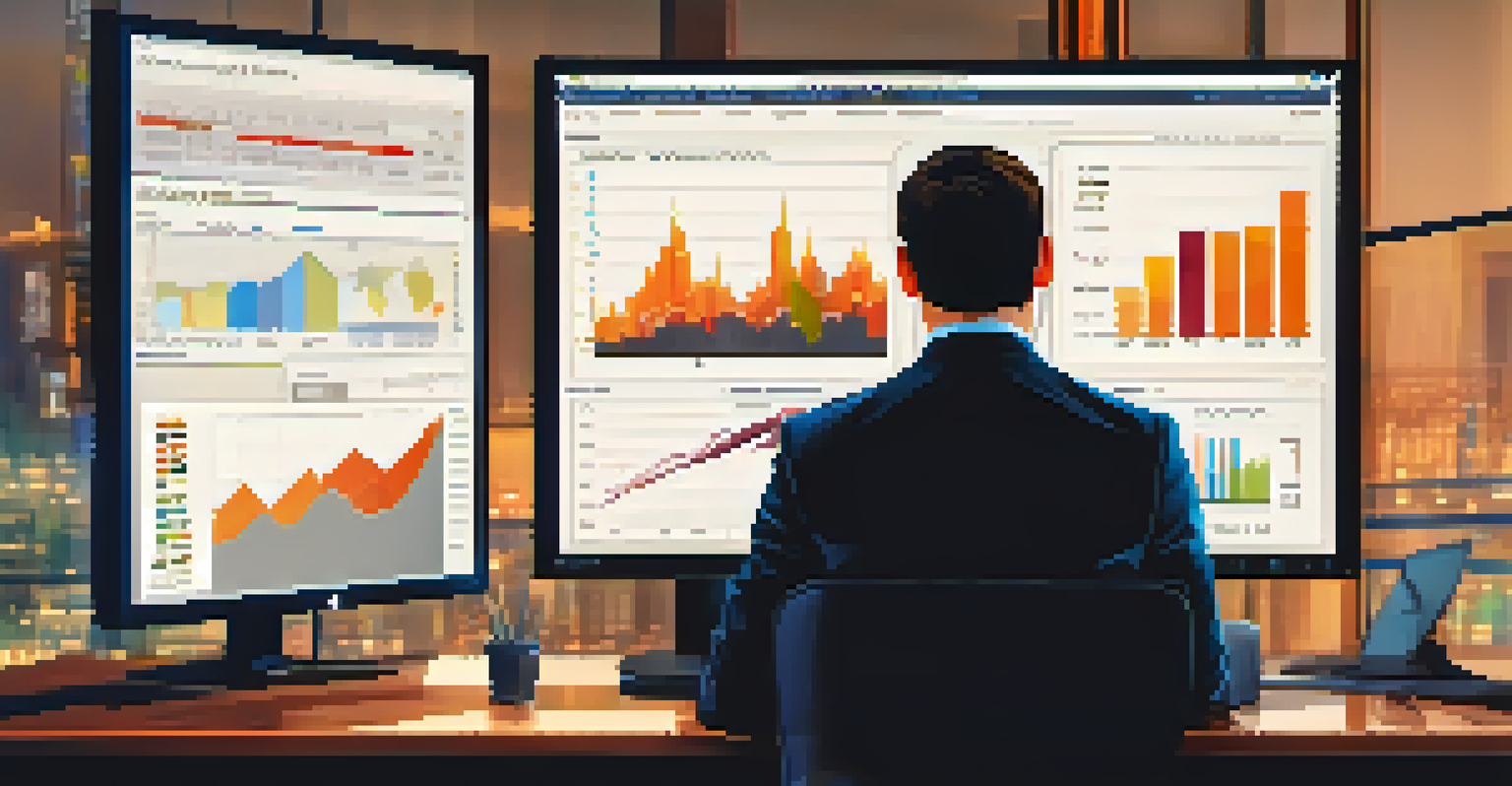 A financial analyst focused on a laptop displaying performance metrics in a modern office setting.