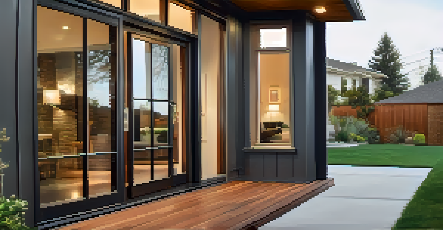 Close-up of modern windows and a stylish front door, set against a well-kept home exterior with soft lighting highlighting the features.