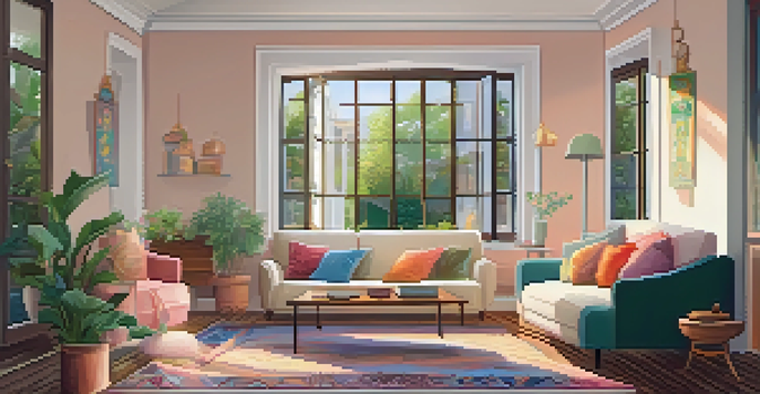 A bright and inviting living room with a cozy couch, colorful cushions, and a view of a garden through a window.