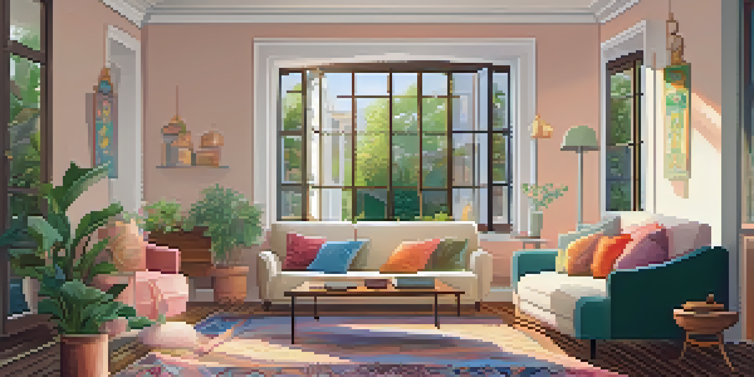 A bright and inviting living room with a cozy couch, colorful cushions, and a view of a garden through a window.