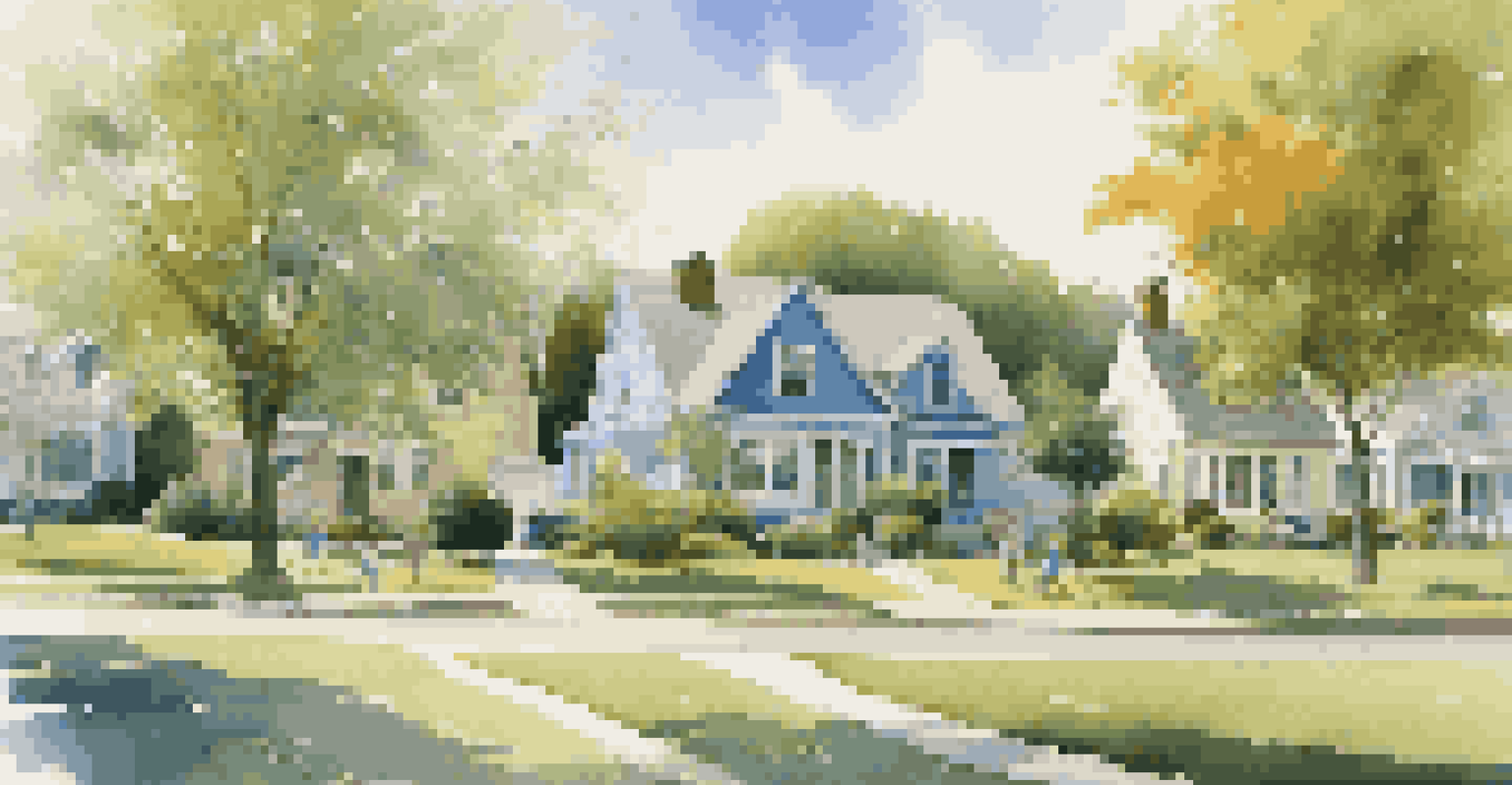 A beautiful suburban neighborhood with houses, a park, and people enjoying outdoor activities.