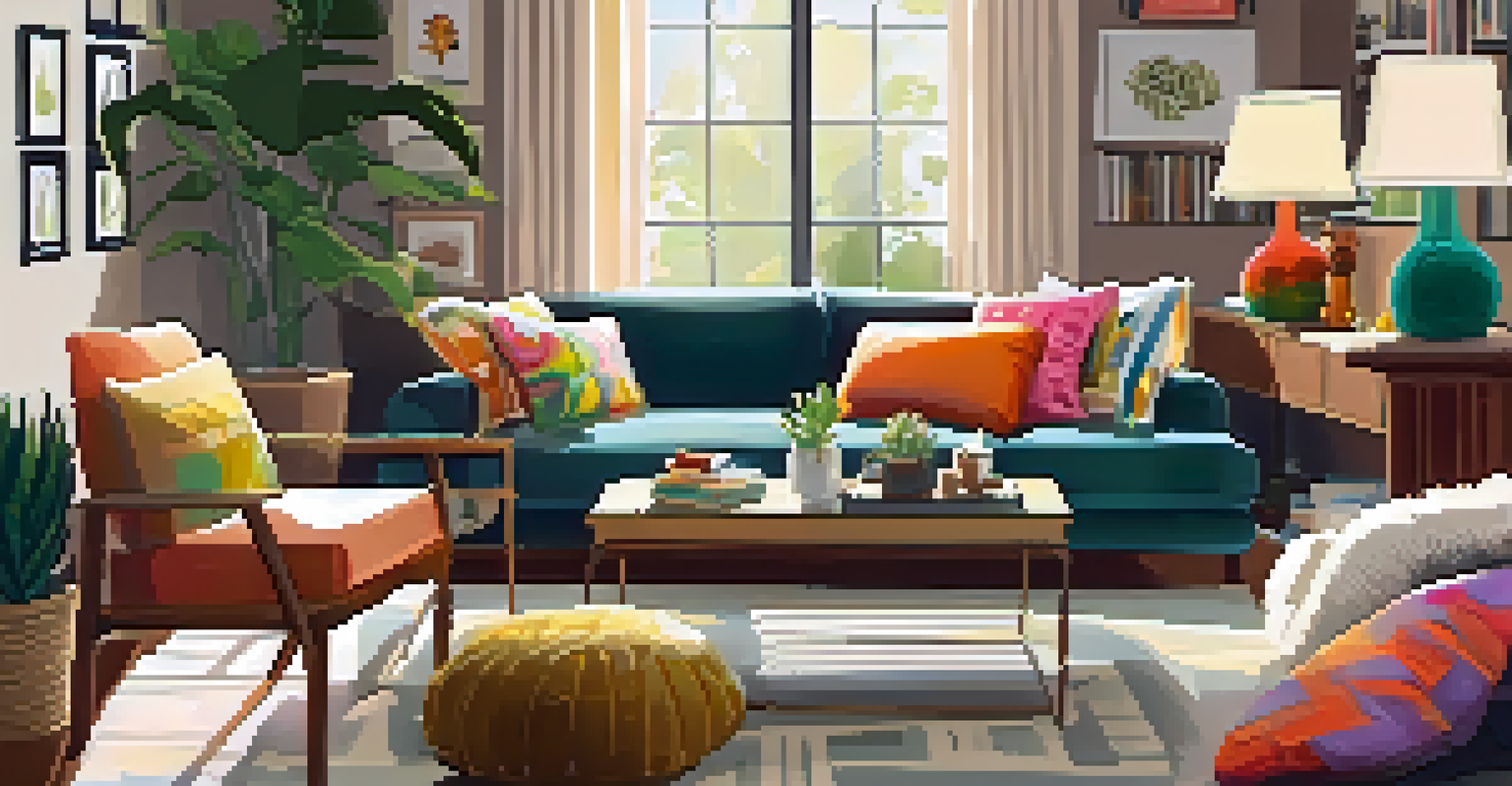 A warm living room with soft lighting, colorful cushions, and houseplants creating an inviting ambiance.