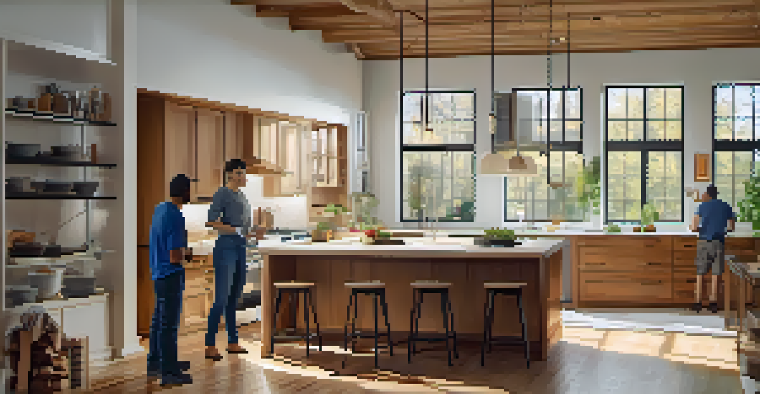 A couple and a contractor collaborating in a stylish kitchen renovation, with tools and materials scattered around in bright daylight.