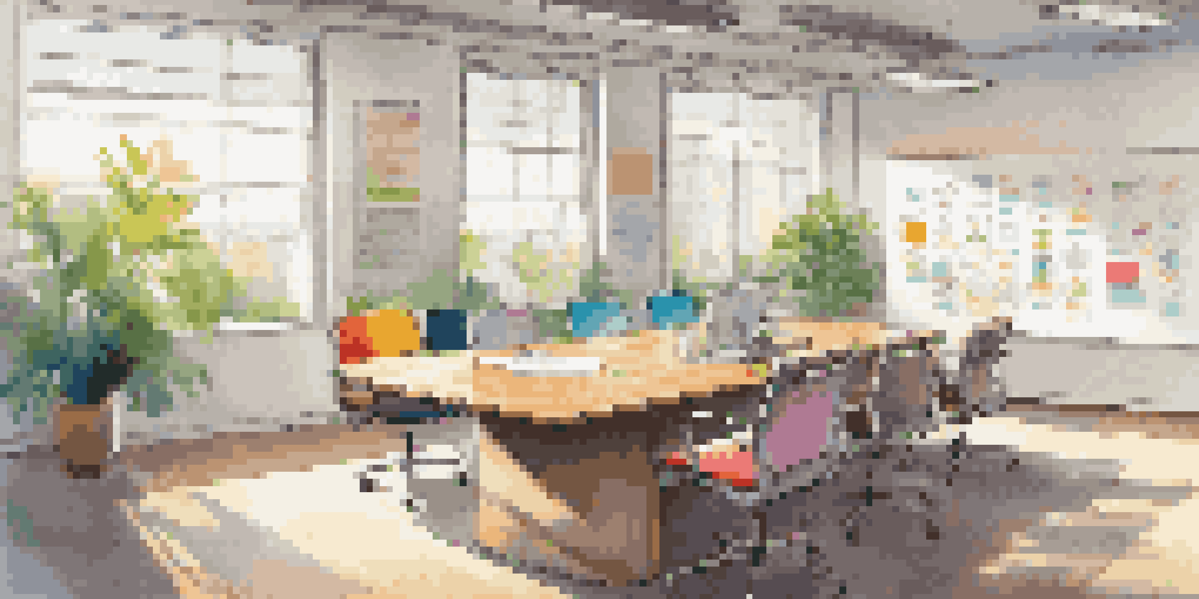 A modern office with a wooden table, chairs, and a whiteboard filled with colorful notes, illuminated by natural light.