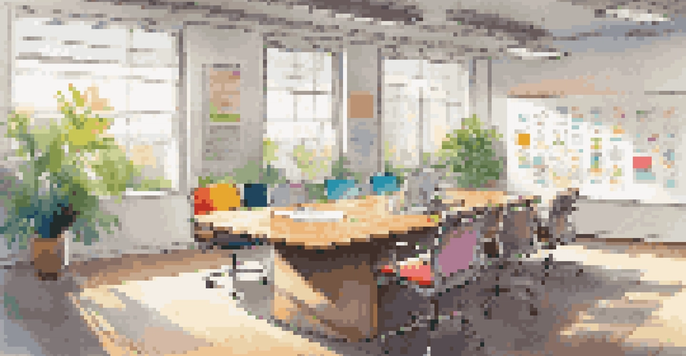 A modern office with a wooden table, chairs, and a whiteboard filled with colorful notes, illuminated by natural light.