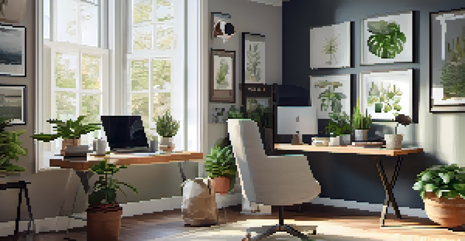 A well-lit home office with a desk, laptop, and plants, creating a productive and cozy atmosphere.