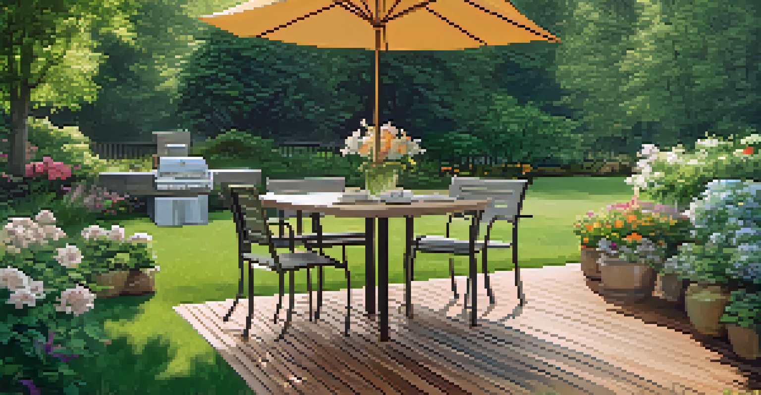 A spacious green backyard with a wooden deck, surrounded by trees and flower beds, featuring a picnic table under an umbrella.