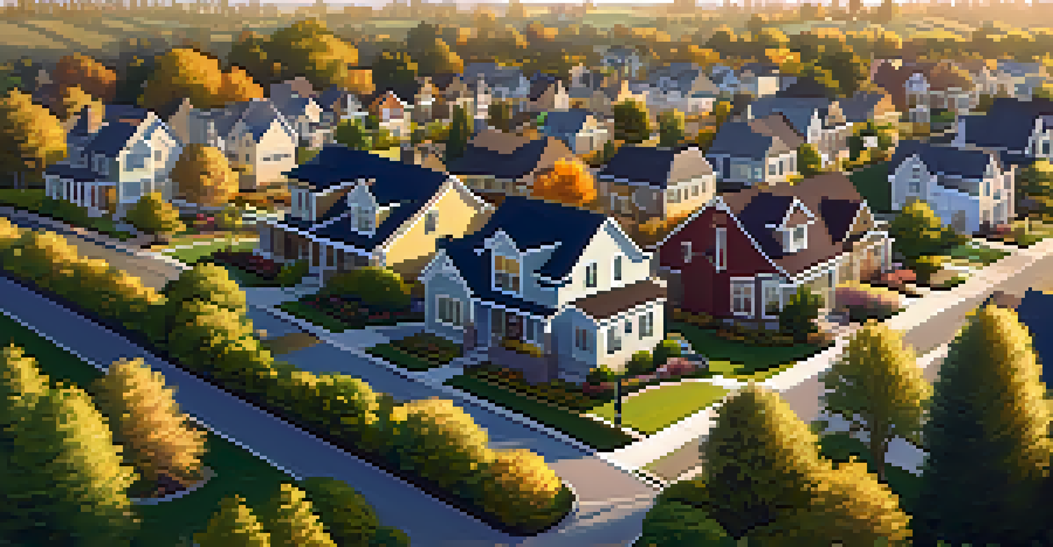 Aerial view of a suburban neighborhood with diverse homes and a park during golden hour.