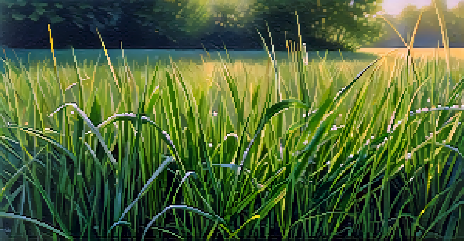 A close-up of dew-covered Kentucky bluegrass with vibrant green blades and wildflowers, highlighting the health of the lawn.