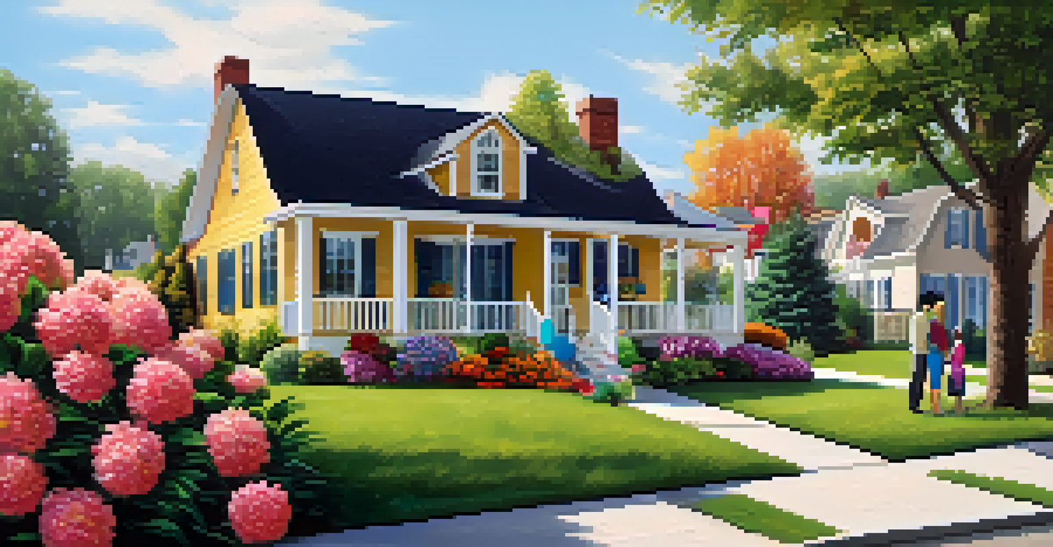 A vibrant outdoor open house with a 'For Sale' sign, colorful flowers, and a diverse group of people talking to a real estate agent in front of a house.