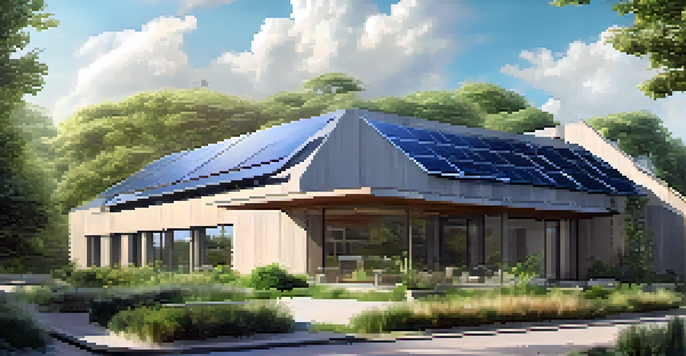 A sustainable building with solar panels and large windows, surrounded by greenery under a clear blue sky.