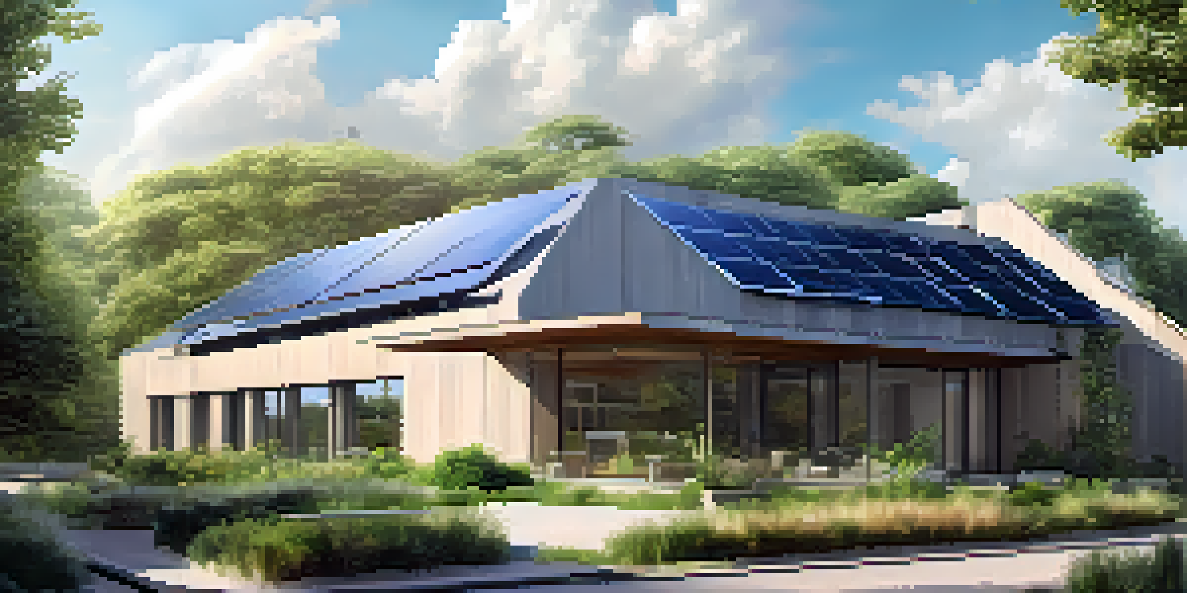 A sustainable building with solar panels and large windows, surrounded by greenery under a clear blue sky.