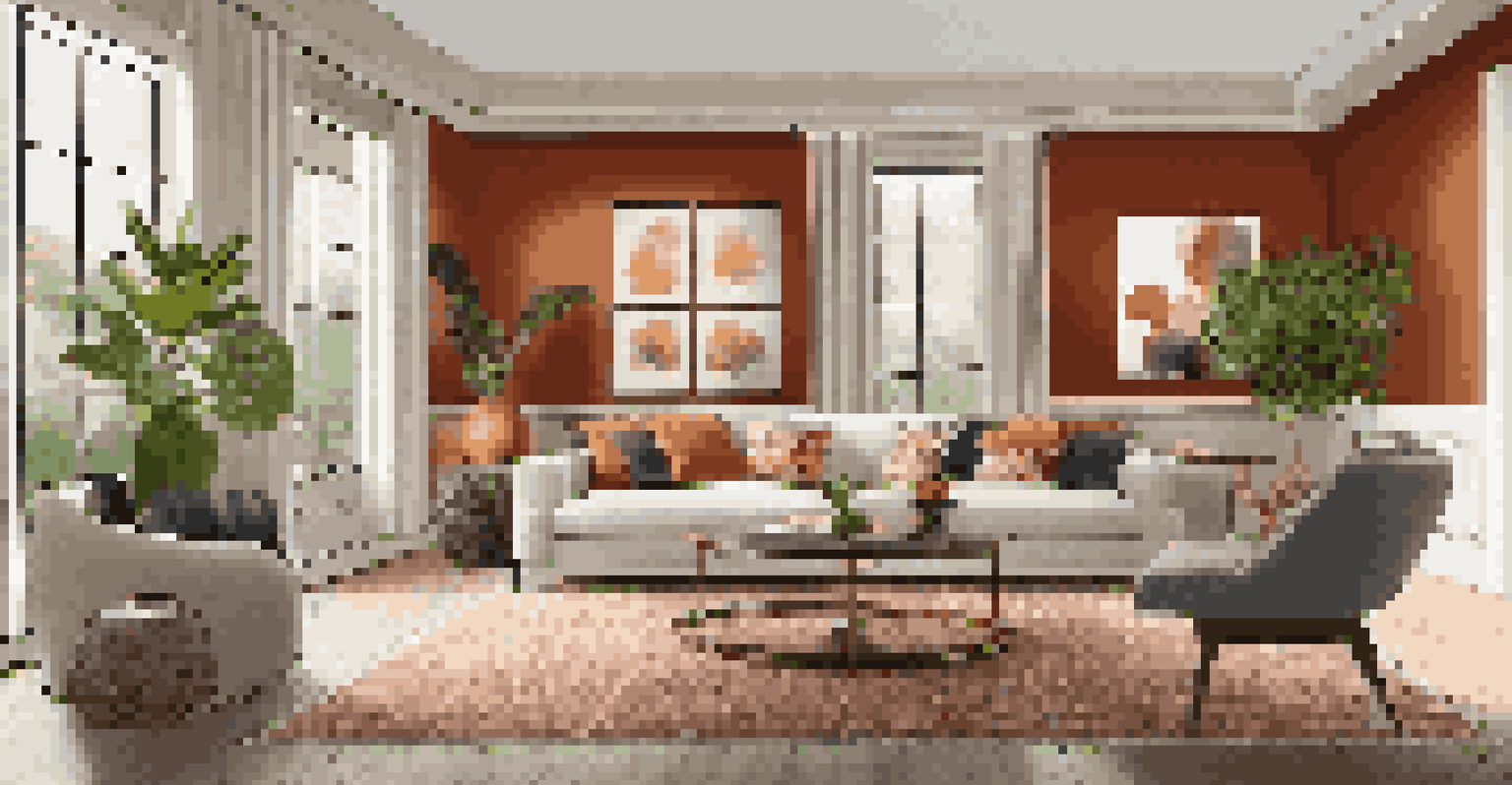 A cozy living room with a vibrant accent wall, neutral furniture, and elegant lighting creating an inviting atmosphere.