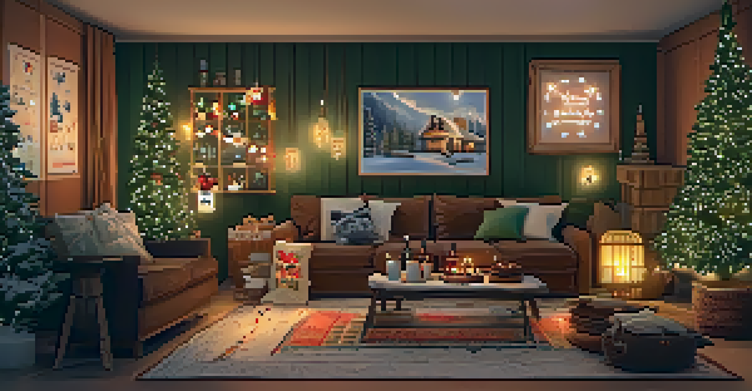 A festive game room decorated for winter with cozy lighting, evergreen plants, and holiday-themed snacks.
