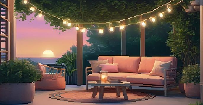 A warm and inviting patio setup with comfortable furniture and string lights, surrounded by greenery during sunset.