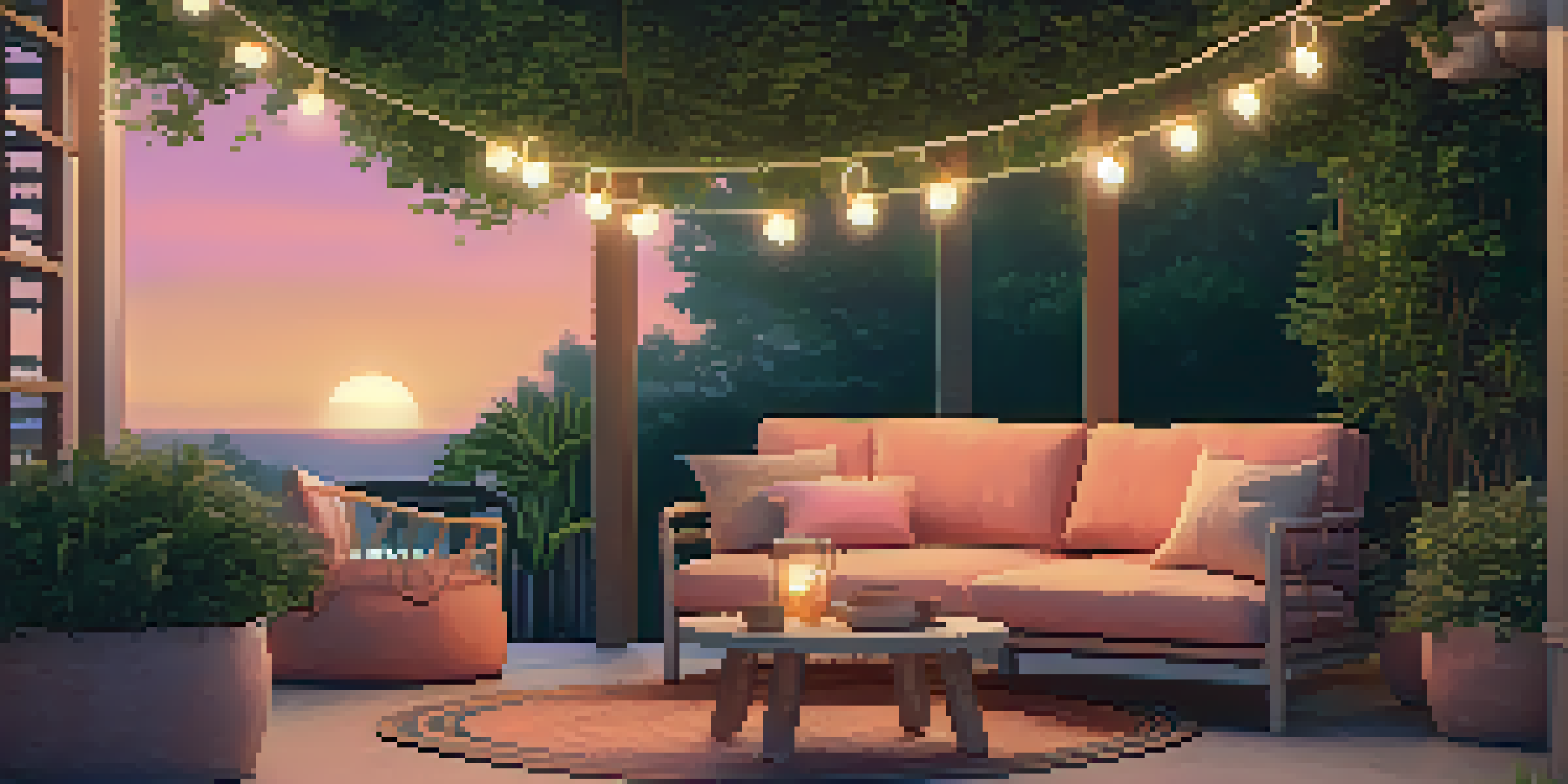 A warm and inviting patio setup with comfortable furniture and string lights, surrounded by greenery during sunset.