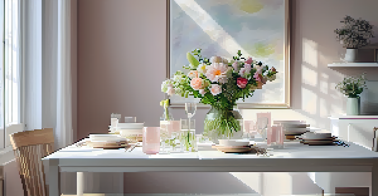 A minimalist dining table set for spring with pastel flowers in a vase and soft lighting.