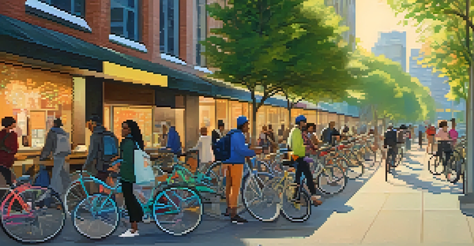 A lively urban street with people using bike-sharing services, modern buildings in the background, and trees lining the sidewalks.