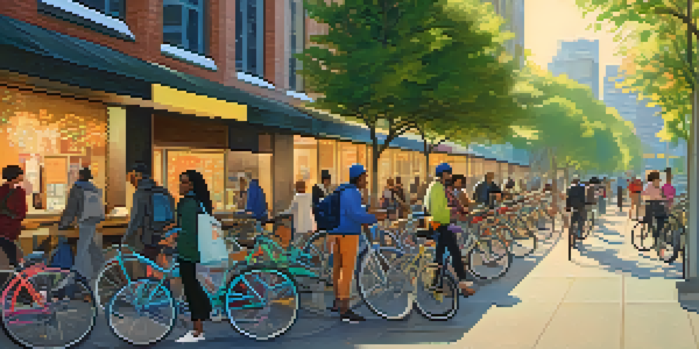 A lively urban street with people using bike-sharing services, modern buildings in the background, and trees lining the sidewalks.