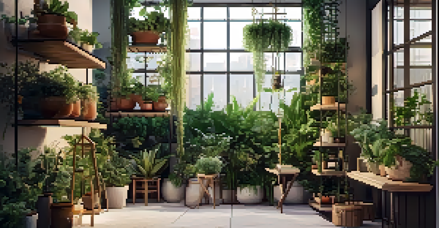 A small outdoor area featuring a vertical garden, hanging pots, and decorative wall-mounted shelves, illuminated by soft ambient lighting.
