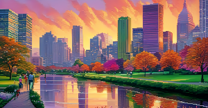A city skyline during sunset with skyscrapers and a river reflecting colorful skies, surrounded by parks and people.