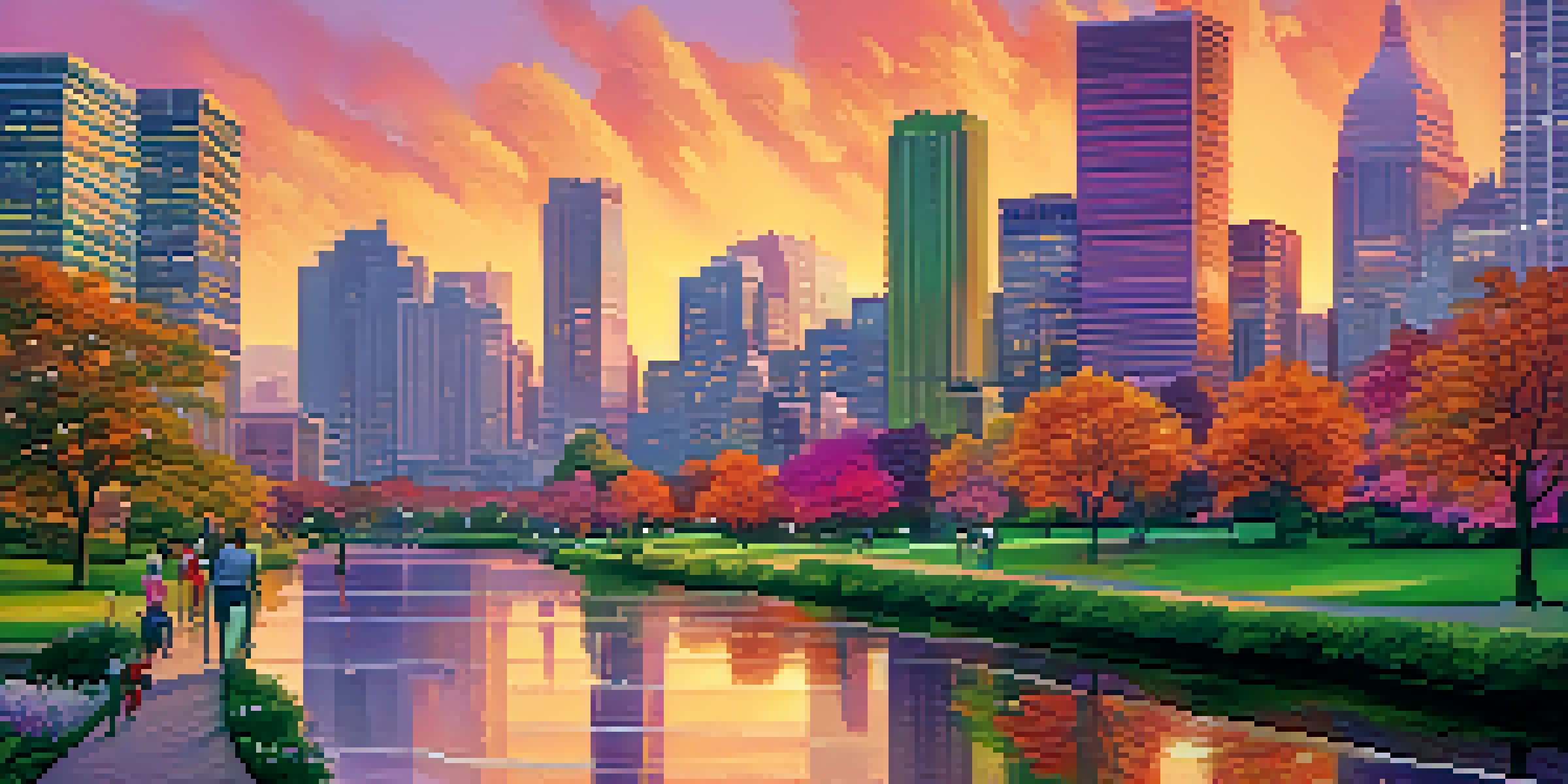 A city skyline during sunset with skyscrapers and a river reflecting colorful skies, surrounded by parks and people.