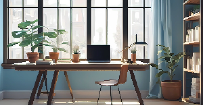 A bright and tidy workspace with a laptop, a coffee cup, and a potted plant, surrounded by soft natural light.