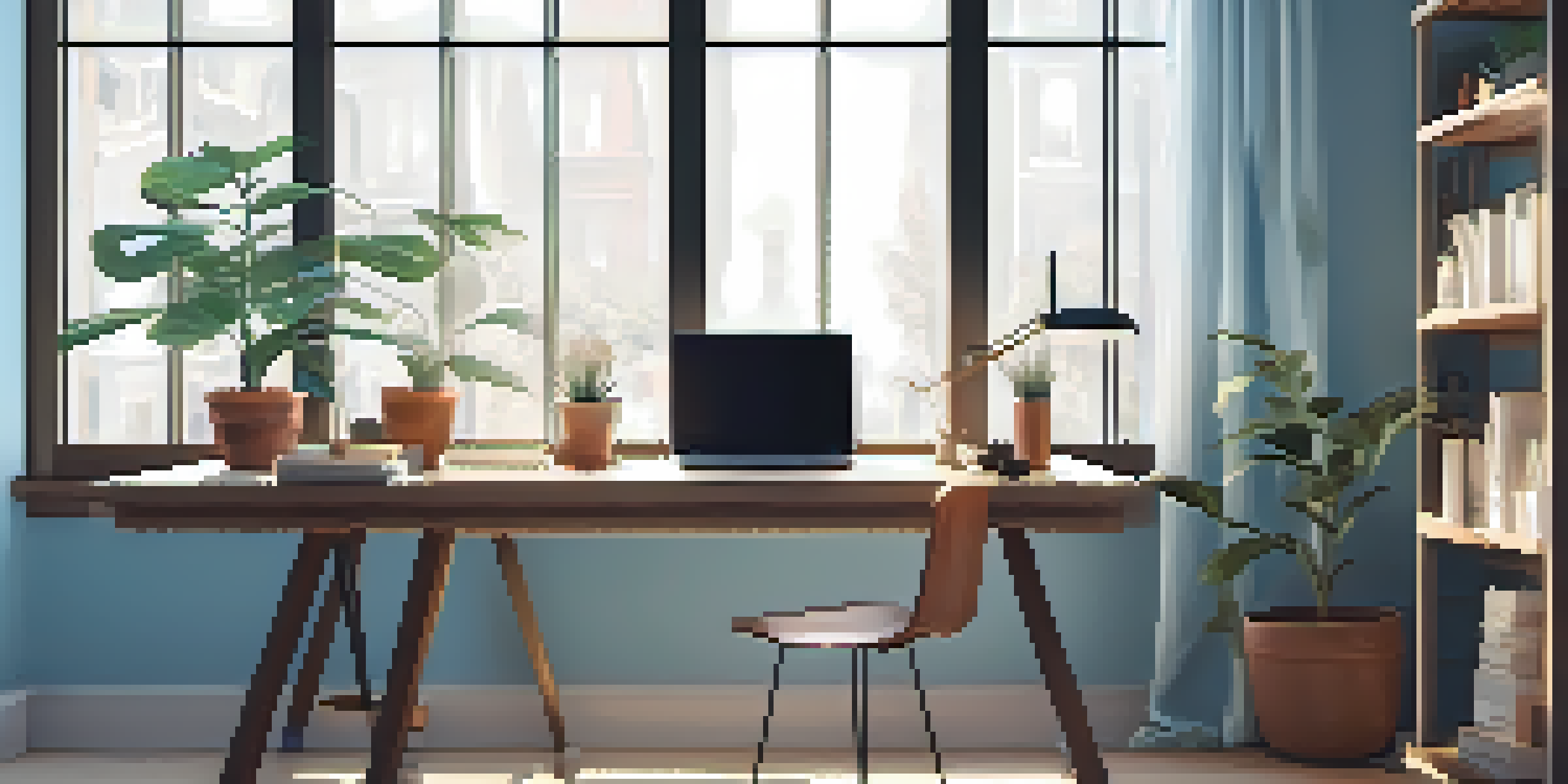 A bright and tidy workspace with a laptop, a coffee cup, and a potted plant, surrounded by soft natural light.