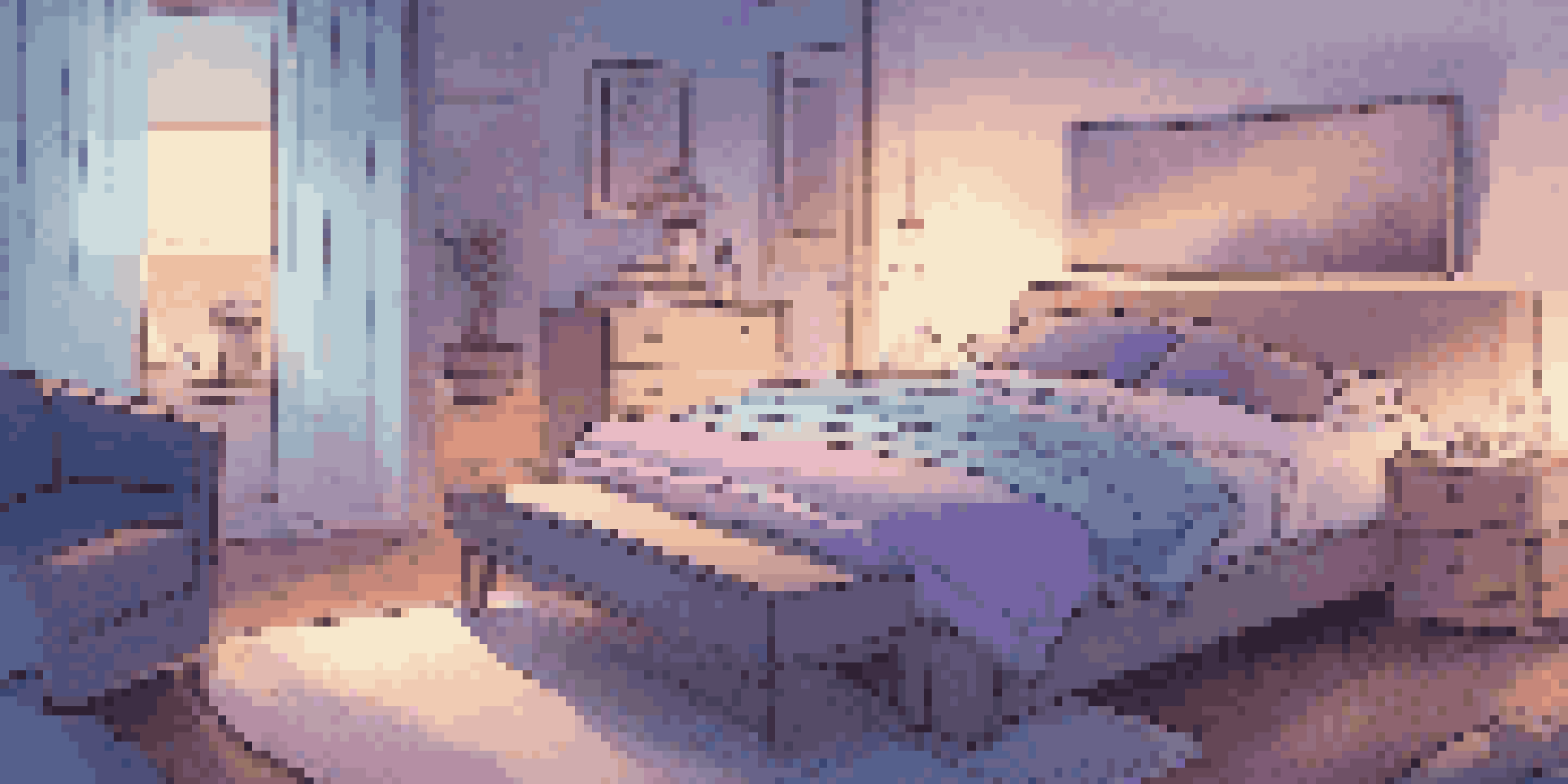 A serene bedroom with soft blue and purple lighting, a plush bed, calming artwork on the walls, and a potted plant.