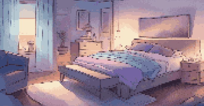 A serene bedroom with soft blue and purple lighting, a plush bed, calming artwork on the walls, and a potted plant.